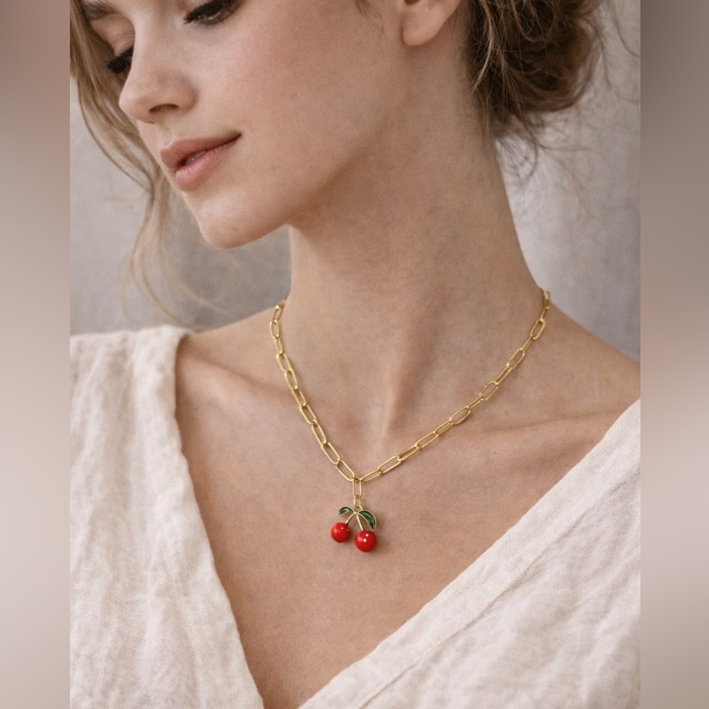 Gold Cherry Pendant Necklace – Dainty Chain – Summer Fruit Charm